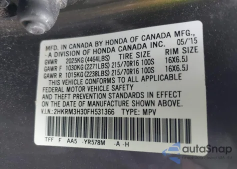 2015 Honda Cr-V Lx from USA, damaged, VIN 2HKRM3H30FH531366